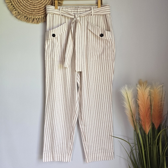 Ann Taylor New Ivory Stripe Belted Linen Drapey Cargo Ankle Pants Womens SZ 8 - Picture 13 of 13